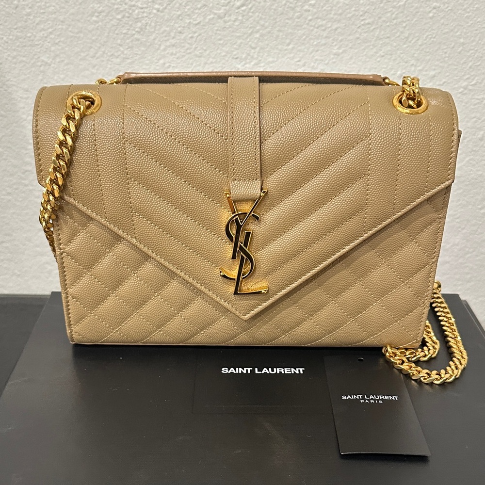 Saint Laurent Envelope Triquilt Medium YSL Shoulder Bag in Grained Leather